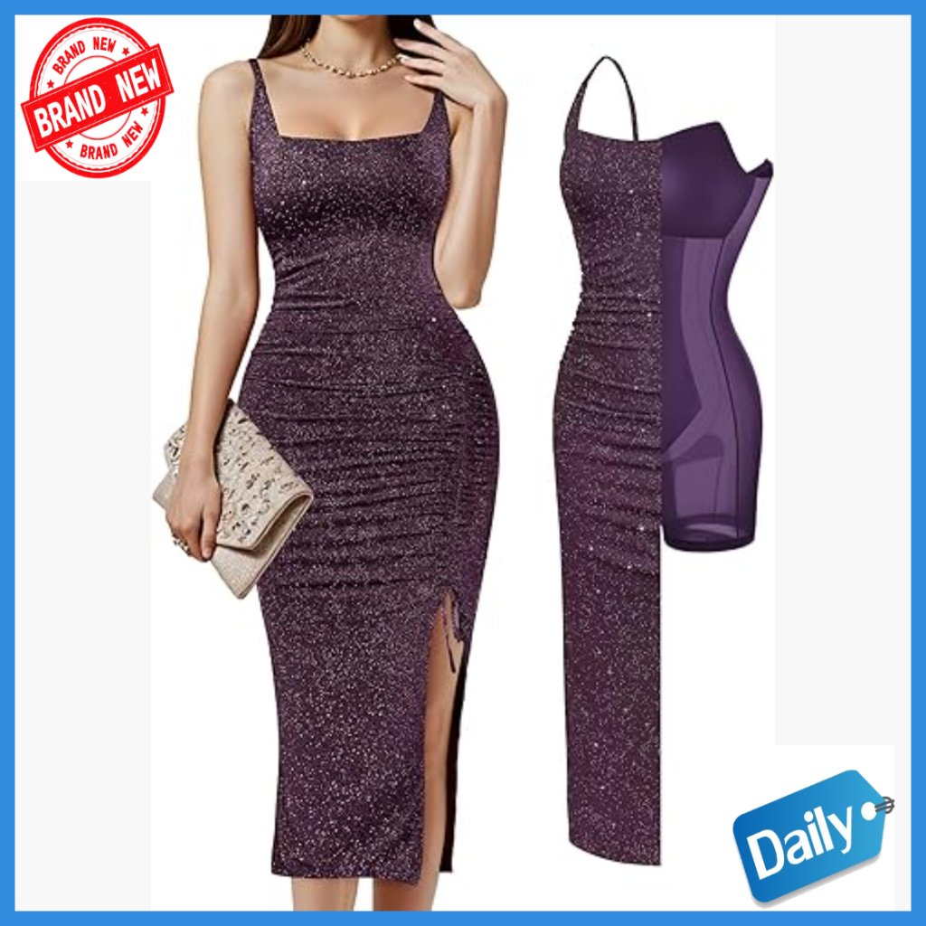 Sparkly Formal Cocktail Dress With Built-In Shapewear, Square Neck, Ruched Midi